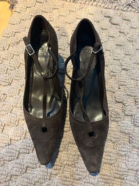 LOFT Dark Brown T-Strap Pointed Suede Heels 10